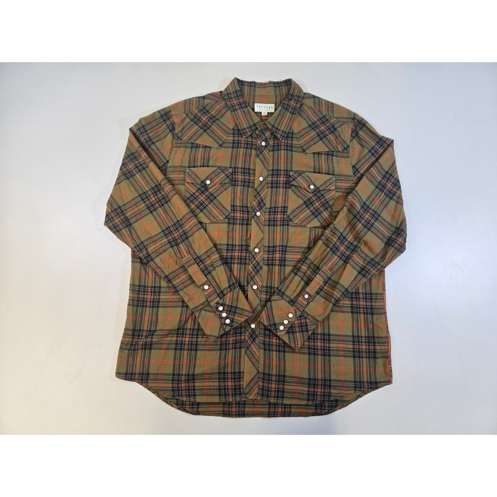 Tecovas Mens XL Western Pearl Snap Plaid Flannel Shirt Olive Green‎ TECMFW22W10
